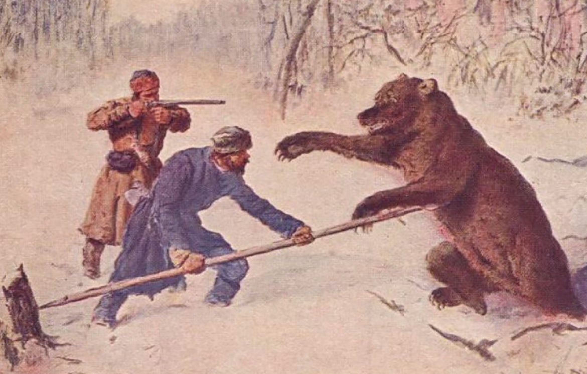 Nineteenth century painting of braced weapon bear hunting in Northern Eurasia